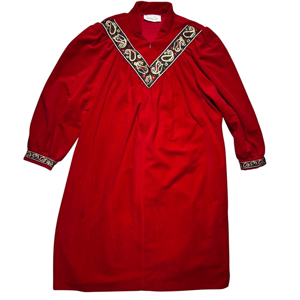 Vanity Fair Robe Womens L Red Polyester Velour Paisley Trim Vintage 80s